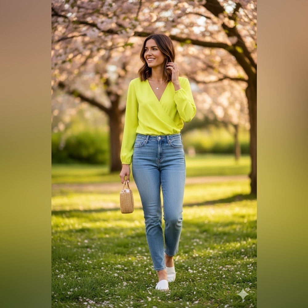 Banana Republic Neon Yellow - Green Long Sleeve Wrap Blouse
